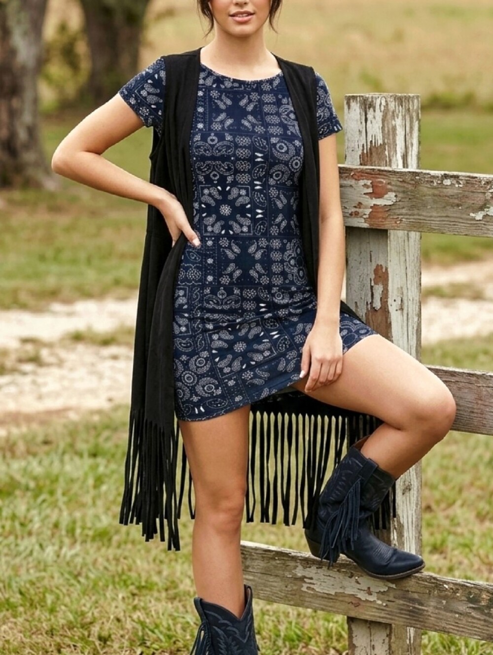 Super Soft Navy White Paisley Patchwork Bandana Print Bodycon Boat Neck Dress